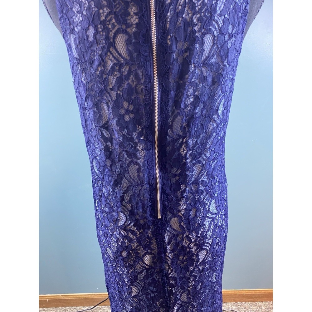 Navy‎ Blue Floral Lace Sleeveless Shift Dress Round Neck Midi Elegant Cocktail - Picture 11 of 16